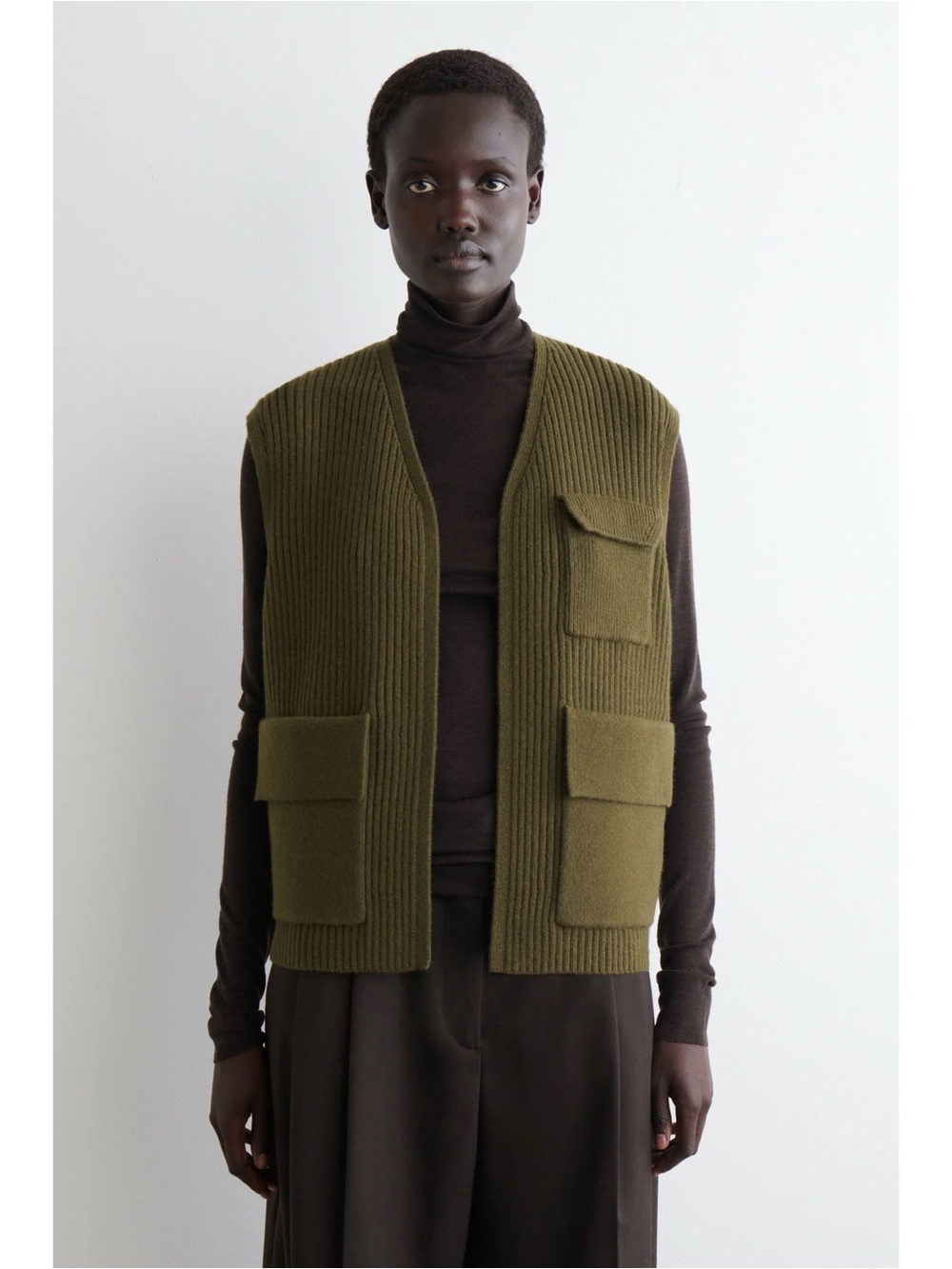 COS Ribbed Merino Wool Utility Vest Khaki Melange Green Sz Medium